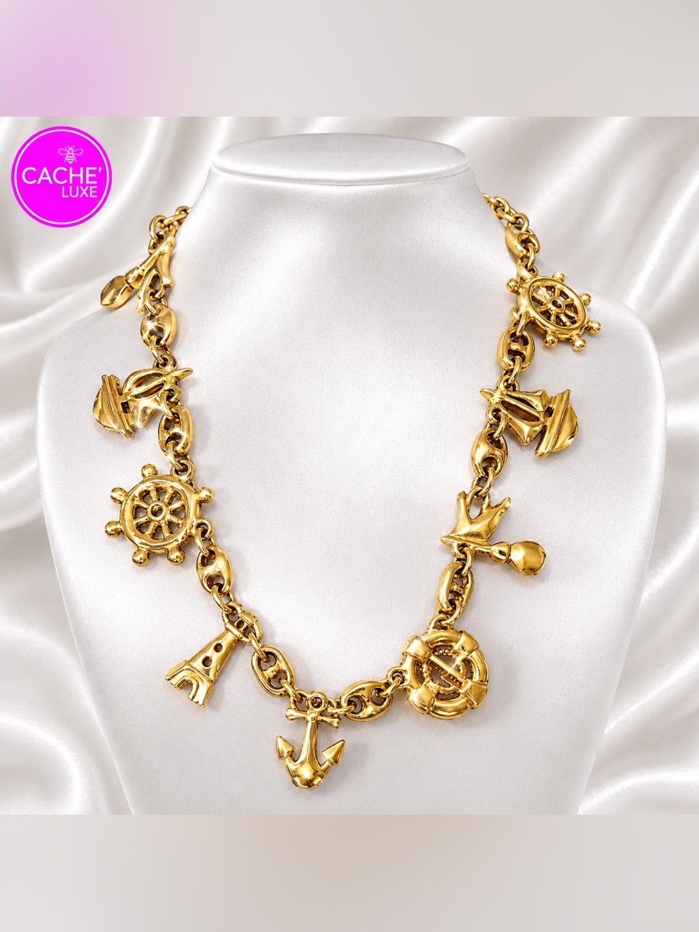 Vintage Guy Laroche Gold Tone Nautical Charm Necklace 19” with toggle Closure